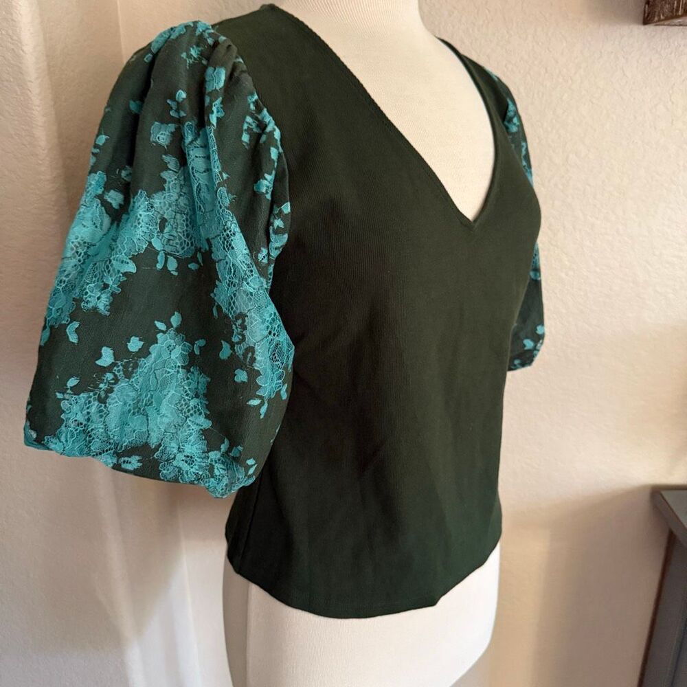 NWOT Anthropologie Dolan Womens V-neck Lace Puff Sleeve Top Holly Green Large - Picture 7 of 15